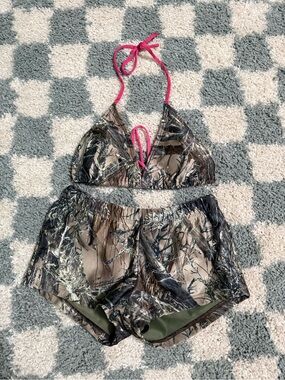 Camo Print Halter String Bikini Top & Shorts Set Pink Accent Swimsuit Country